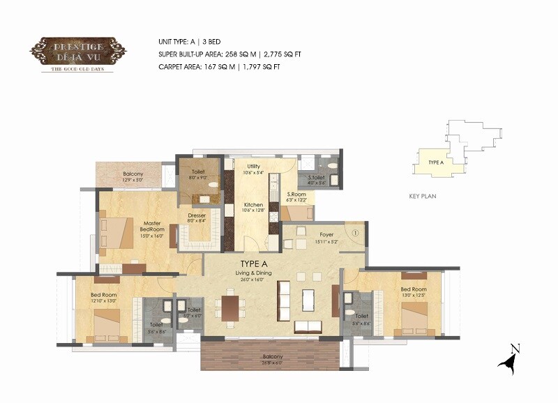 Floor plan of 3 BHK 2775 Sq. Ft. Apartment in Prestige Deja Vu, Bangalore
