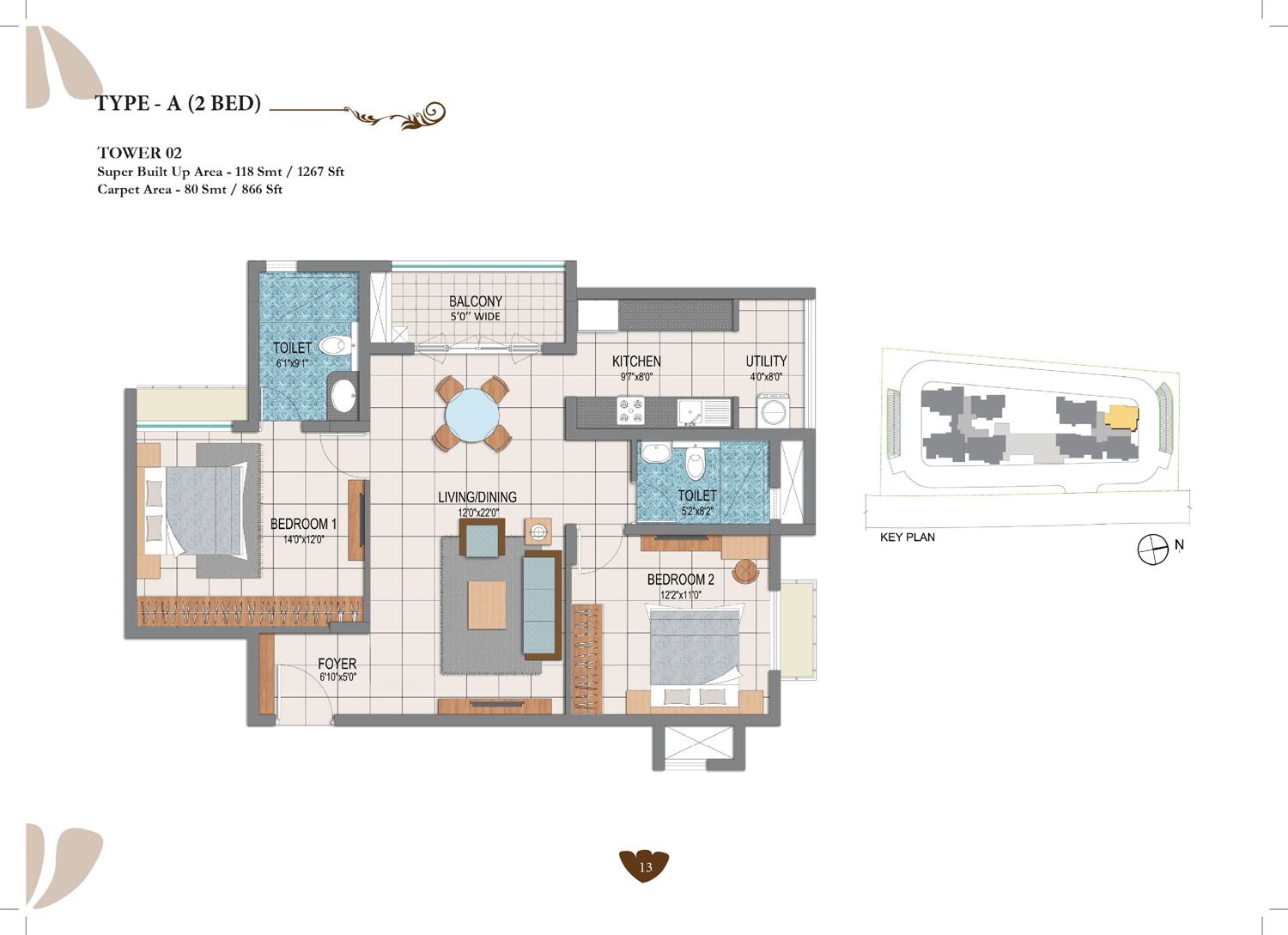 Floor plan of 2 BHK 1267 Sq. Ft. Apartment in Prestige Dolce Vita, Bangalore
