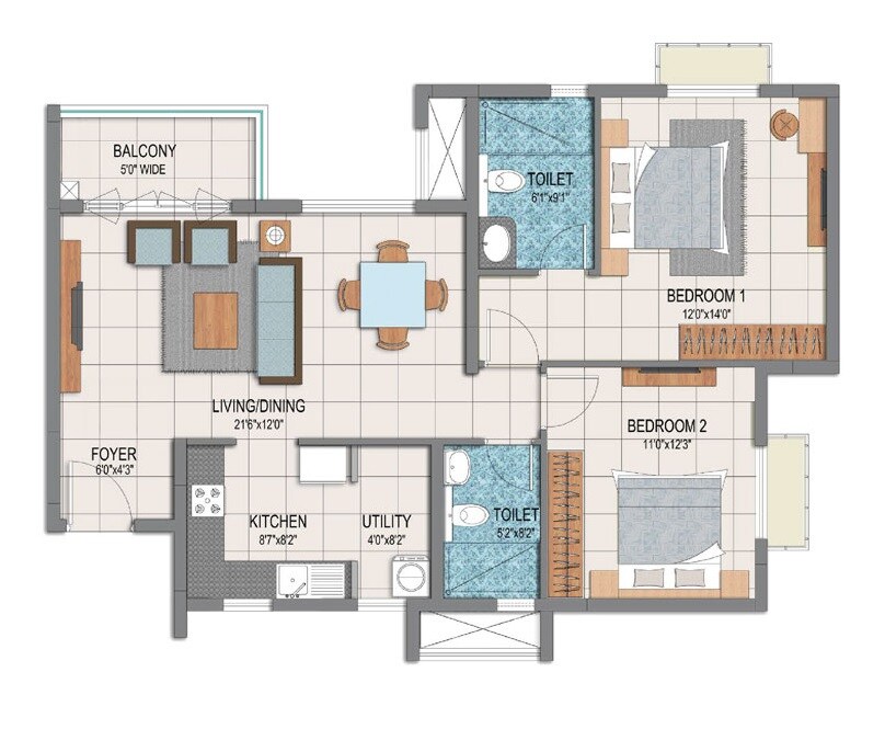 Floor plan of 2 BHK 1272 Sq. Ft. Apartment in Prestige Dolce Vita, Bangalore