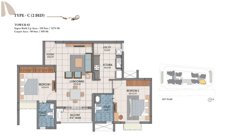 Floor plan of 2 BHK 1274 Sq. Ft. Apartment in Prestige Dolce Vita, Bangalore