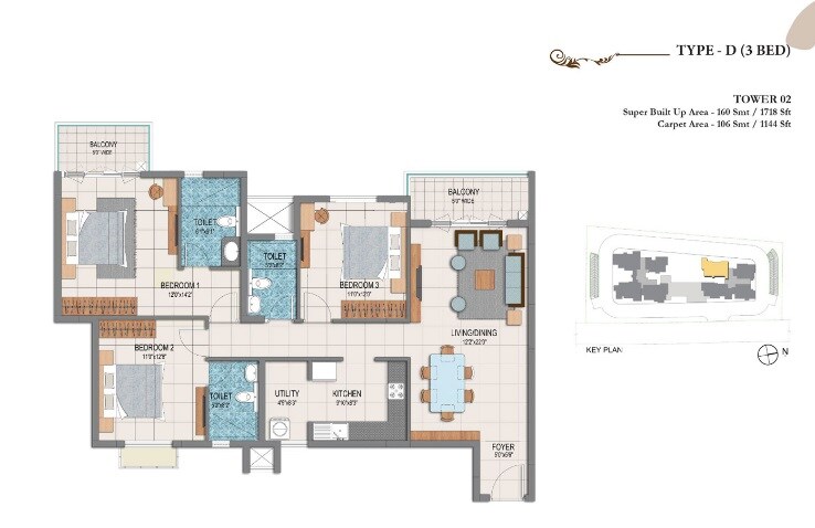Floor plan of 3 BHK 1718 Sq. Ft. Apartment in Prestige Dolce Vita, Bangalore