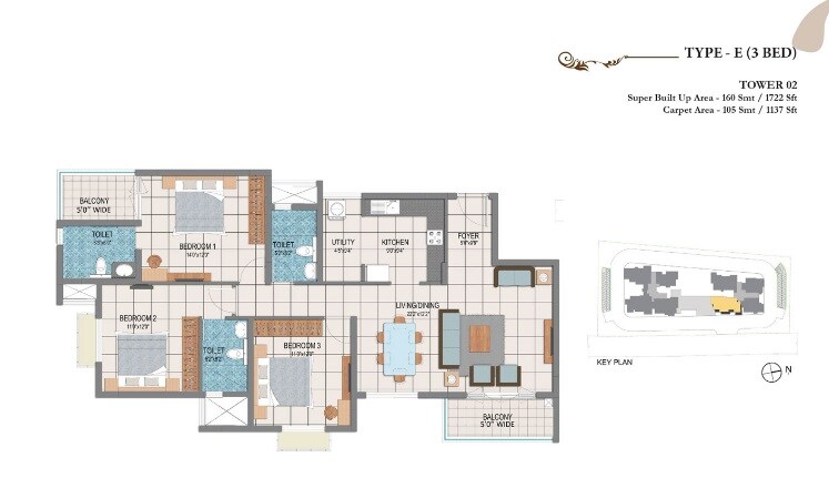 Floor plan of 3 BHK 1722 Sq. Ft. Apartment in Prestige Dolce Vita, Bangalore