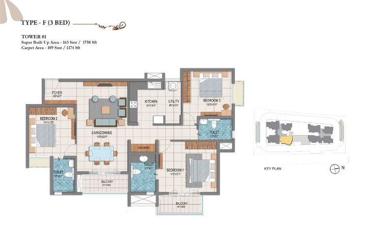 Floor plan of 3 BHK 1758 Sq. Ft. Apartment in Prestige Dolce Vita, Bangalore