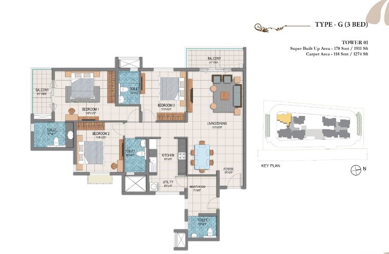 Floor plan of 3 BHK 1911 Sq. Ft. Apartment in Prestige Dolce Vita, Bangalore