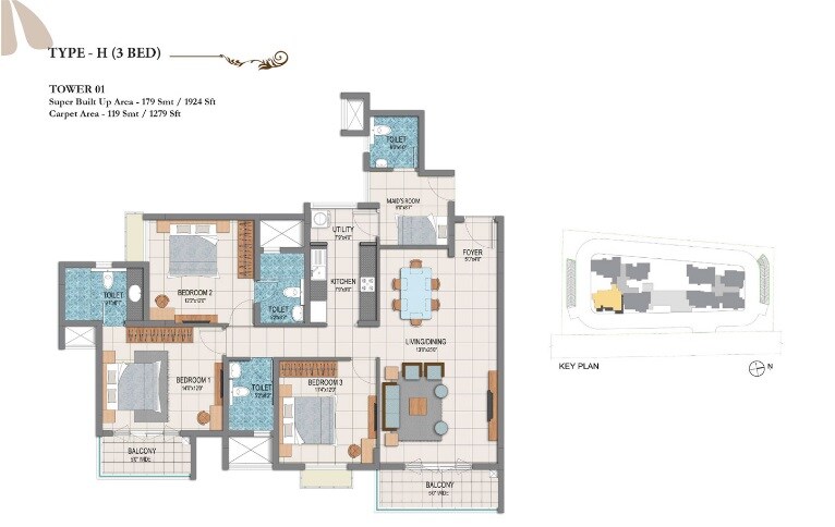 Floor plan of 3 BHK 1924 Sq. Ft. Apartment in Prestige Dolce Vita, Bangalore