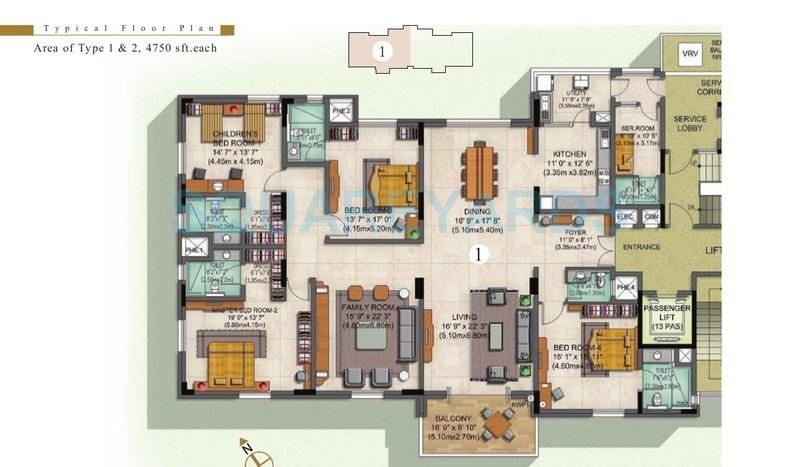 Floor plan of 4 BHK 4750 Sq. Ft. Apartment in Prestige Edwardian, Bangalore