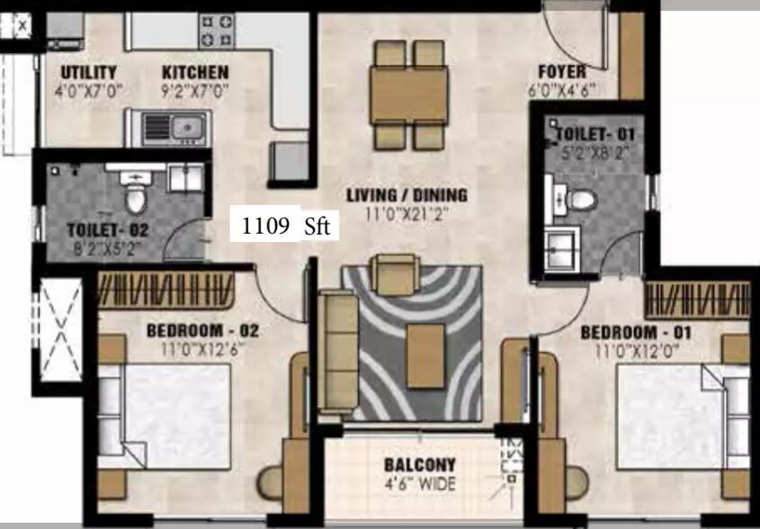 Floor plan of 2 BHK 1109 Sq. Ft. Apartment in Prestige Elysian, Bangalore