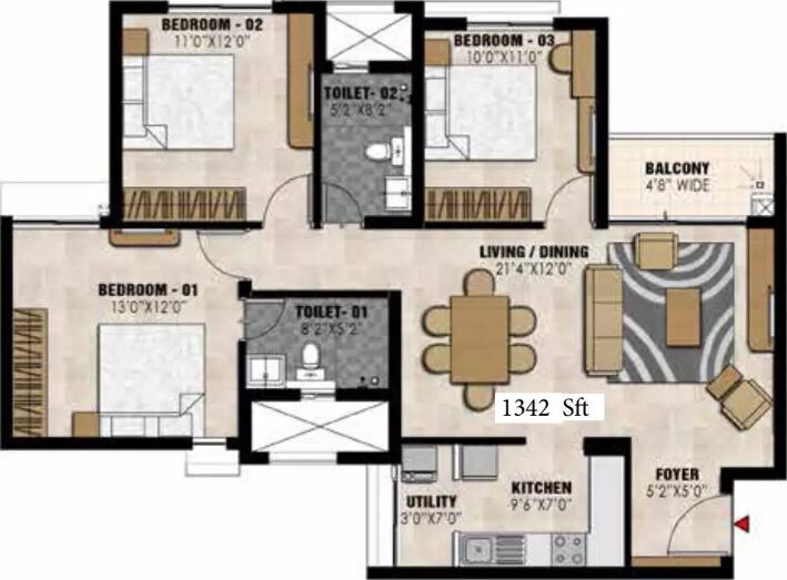 Floor plan of 3 BHK 1342 Sq. Ft. Apartment in Prestige Elysian, Bangalore