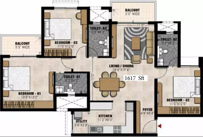 Floor plan of 3 BHK 1617 Sq. Ft. Apartment in Prestige Elysian, Bangalore