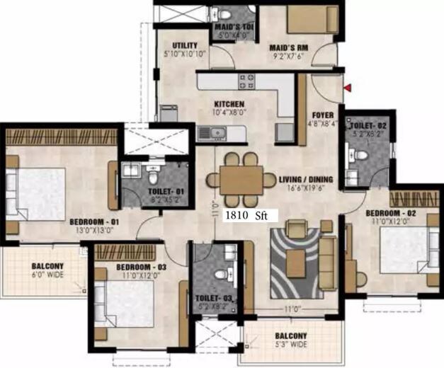 Floor plan of 3 BHK 1810 Sq. Ft. Apartment in Prestige Elysian, Bangalore