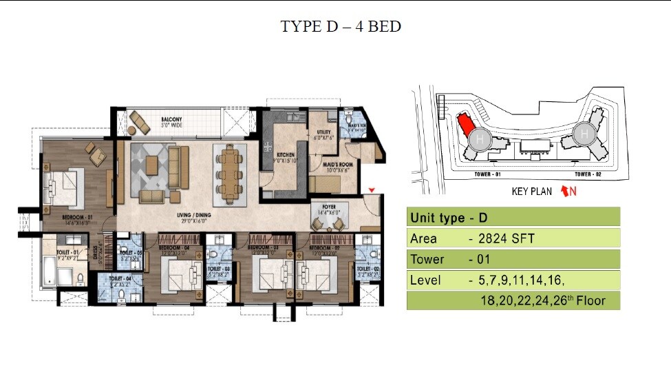  4 BHK Apartment at Prestige Fairfield, Rmv 2nd Stage – for Sale