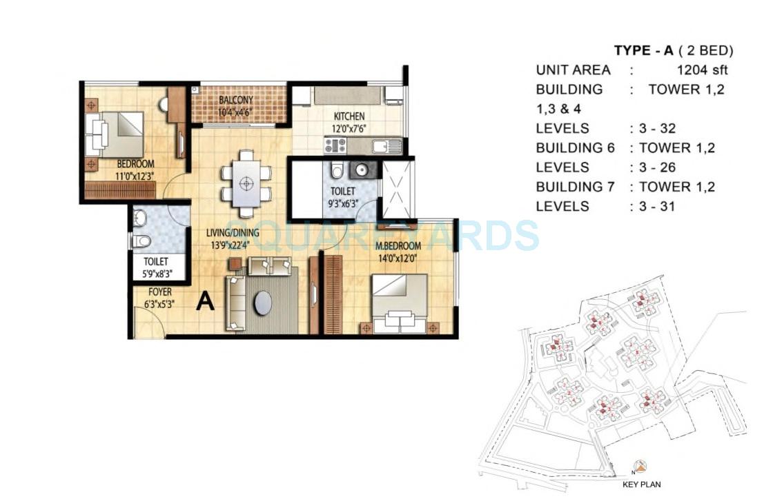 Floor plan of 2 BHK 1208 Sq. Ft. Apartment in Prestige Falcon City, Bangalore