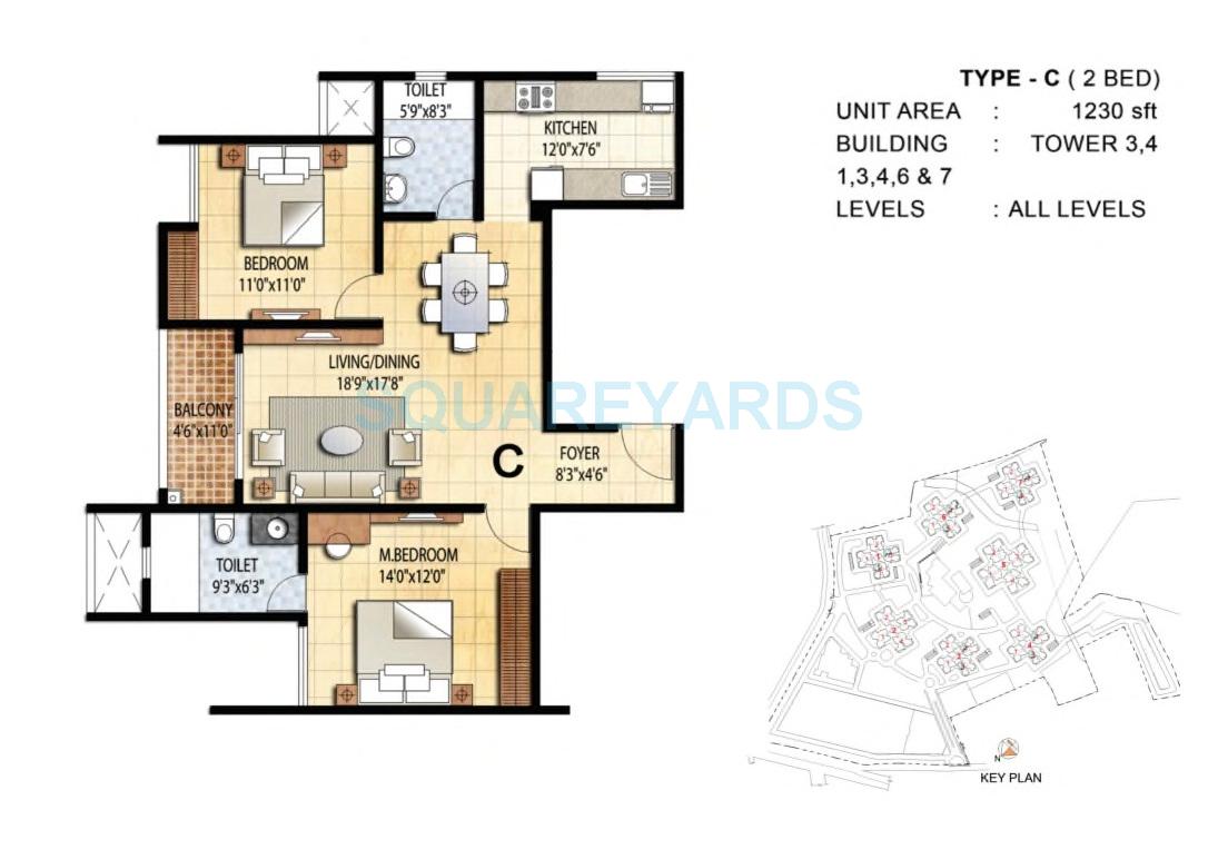 Floor plan of 2 BHK 1230 Sq. Ft. Apartment in Prestige Falcon City, Bangalore