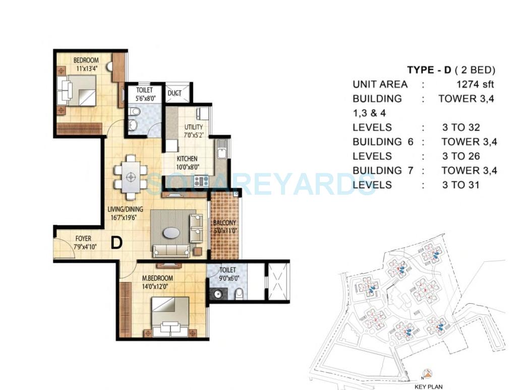 Floor plan of 2 BHK 1274 Sq. Ft. Apartment in Prestige Falcon City, Bangalore