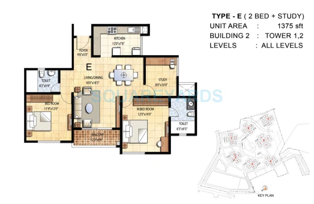 Floor plan of 2 BHK 1375 Sq. Ft. Apartment in Prestige Falcon City, Bangalore