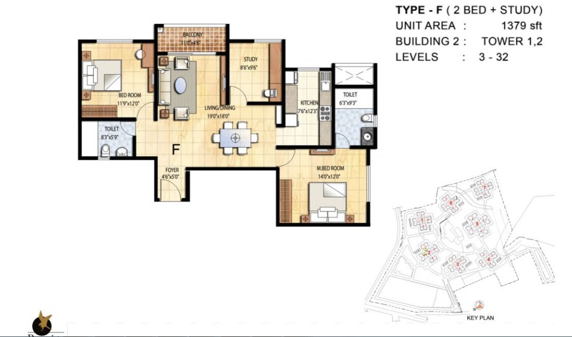 Floor plan of 2 BHK 1379 Sq. Ft. Apartment in Prestige Falcon City, Bangalore