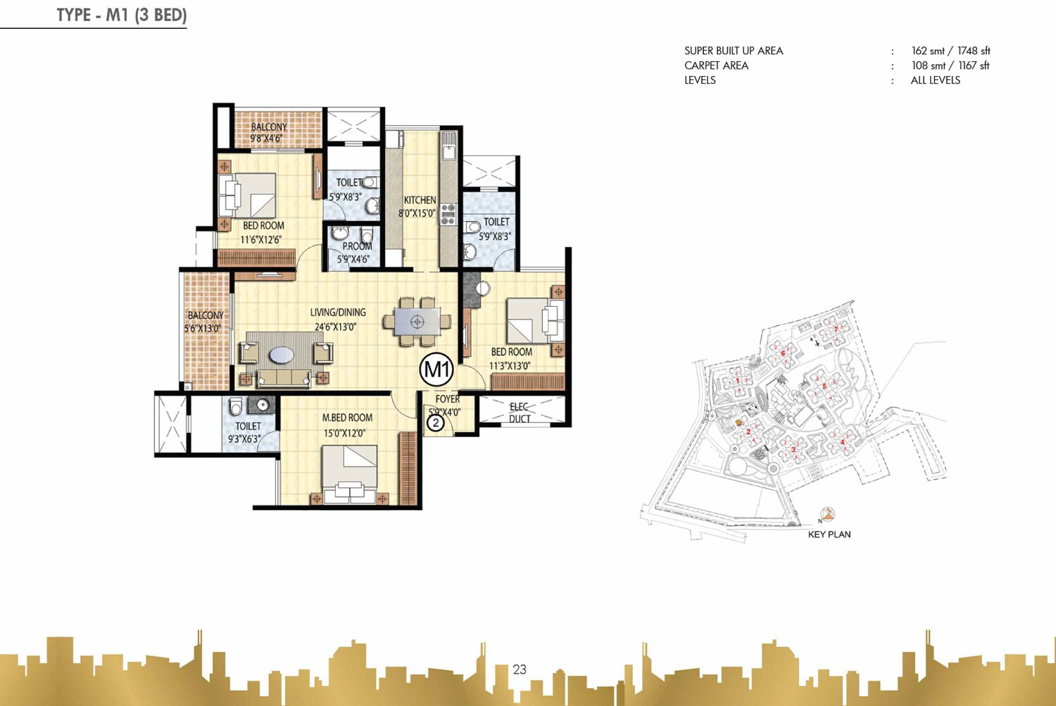 Floor plan of 3 BHK 1748 Sq. Ft. Apartment in Prestige Falcon City, Bangalore