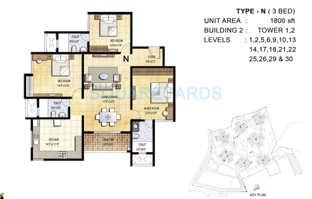 Floor plan of 3 BHK 1800 Sq. Ft. Apartment in Prestige Falcon City, Bangalore