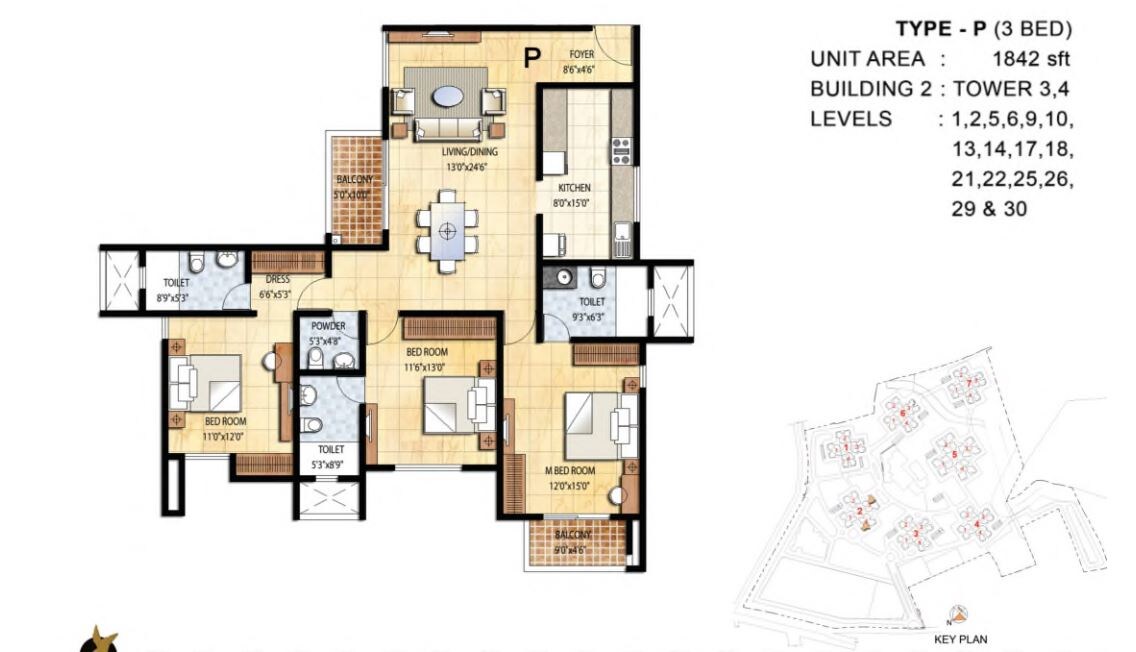 Floor plan of 3 BHK 1842 Sq. Ft. Apartment in Prestige Falcon City, Bangalore
