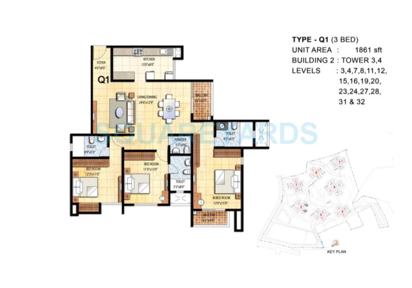 Floor plan of 3 BHK 1861 Sq. Ft. Apartment in Prestige Falcon City, Bangalore
