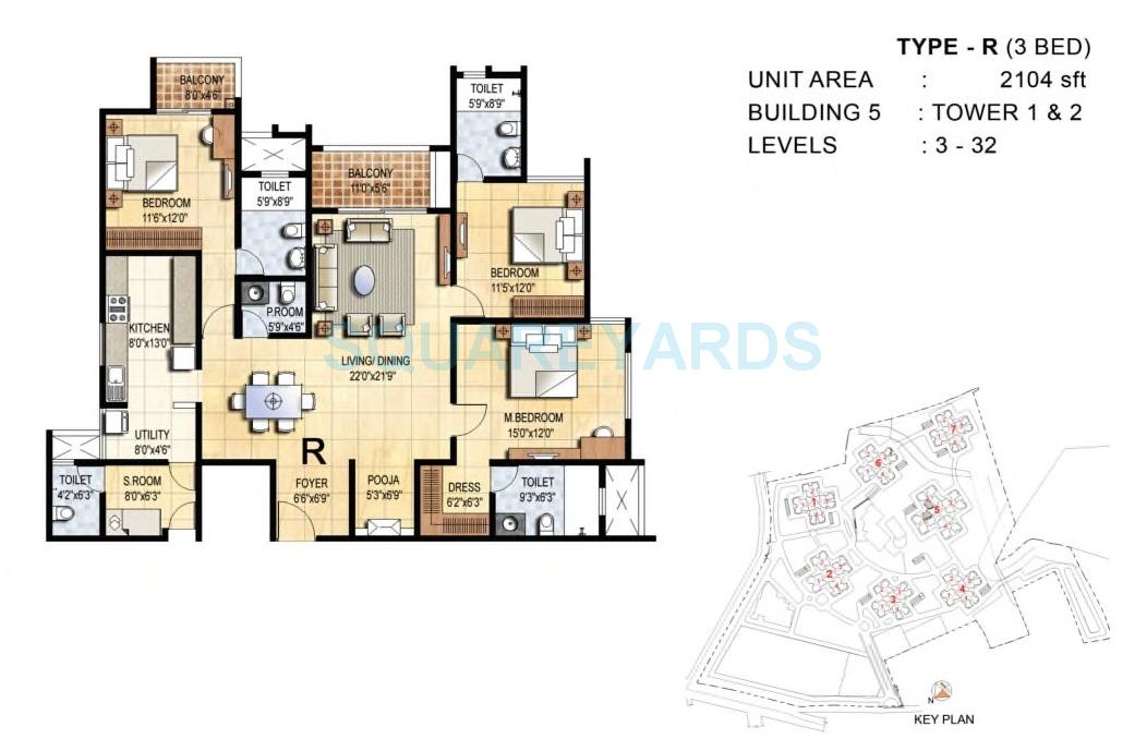 Floor plan of 3 BHK 2104 Sq. Ft. Apartment in Prestige Falcon City, Bangalore