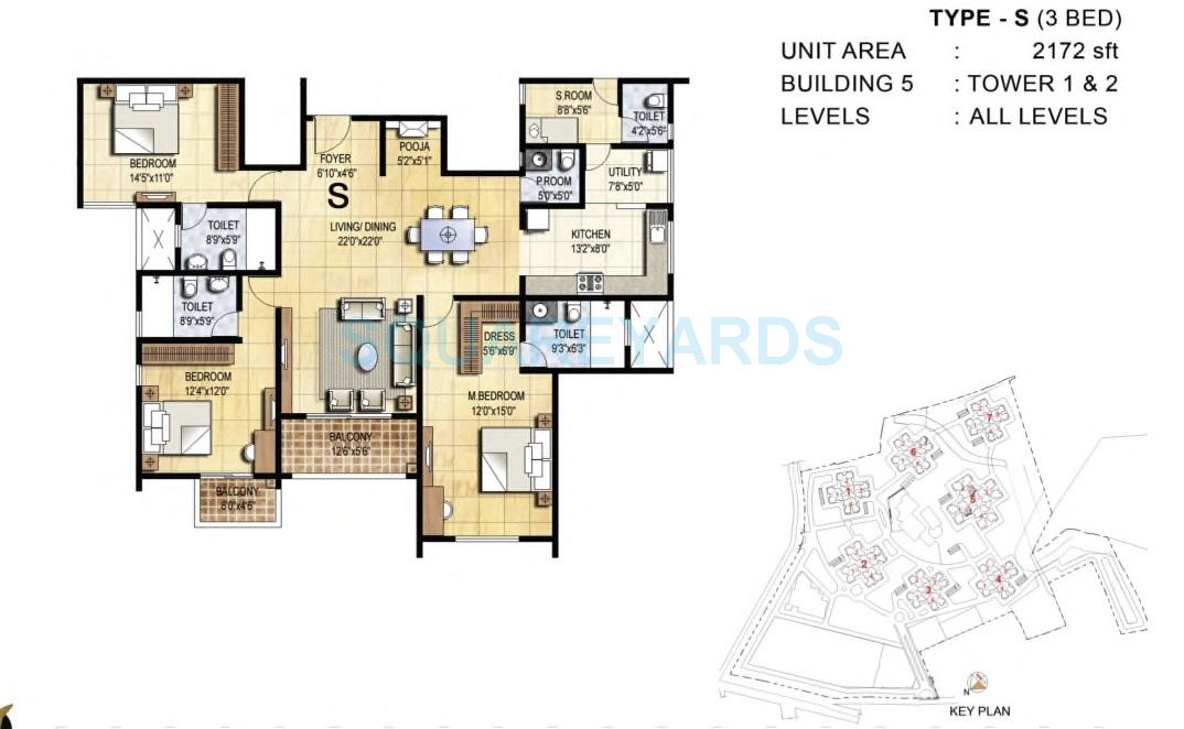 Floor plan of 3 BHK 2172 Sq. Ft. Apartment in Prestige Falcon City, Bangalore