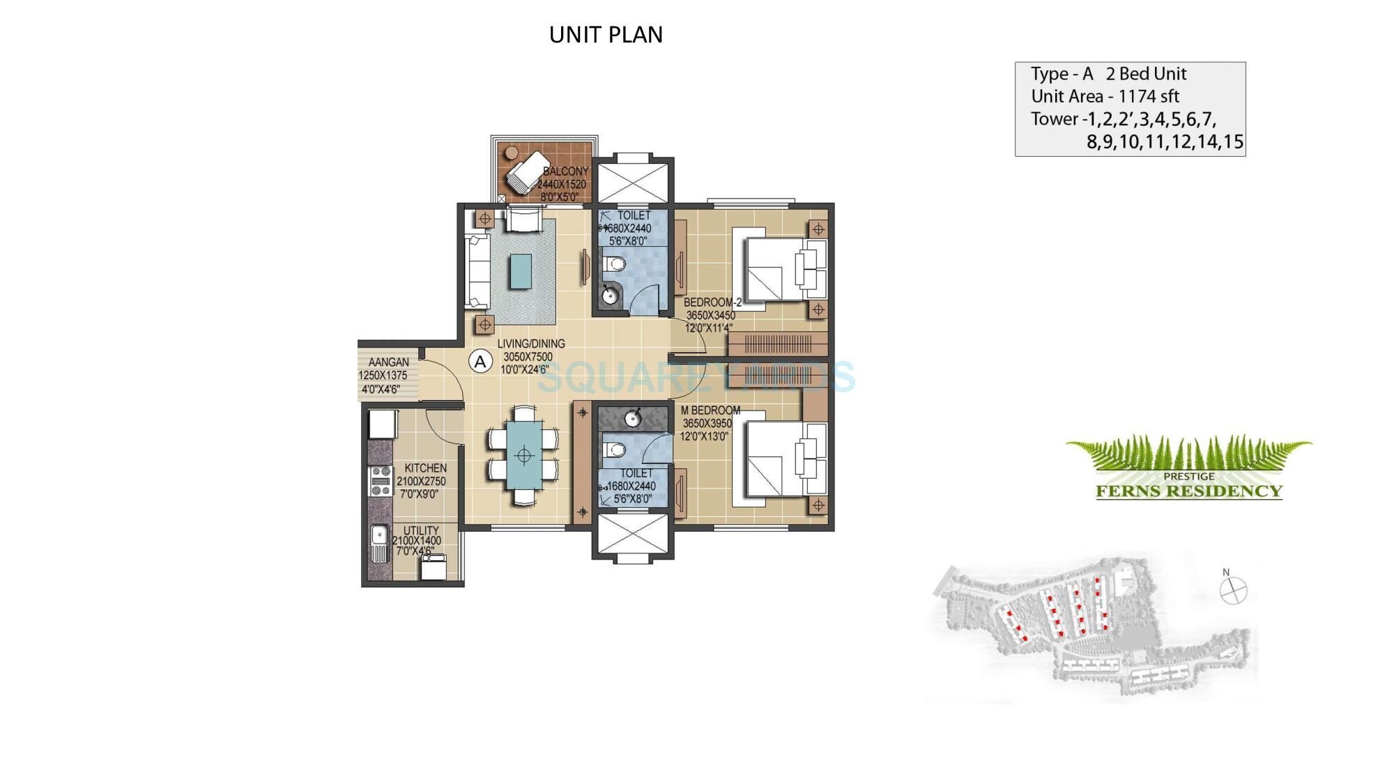 Floor plan of 2 BHK 1174 Sq. Ft. Apartment in Prestige Ferns Residency, Bangalore