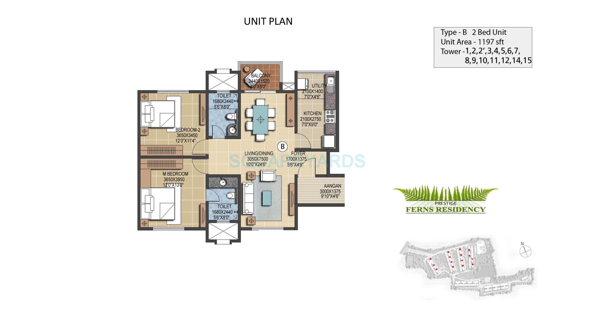Floor plan of 2 BHK 1197 Sq. Ft. Apartment in Prestige Ferns Residency, Bangalore