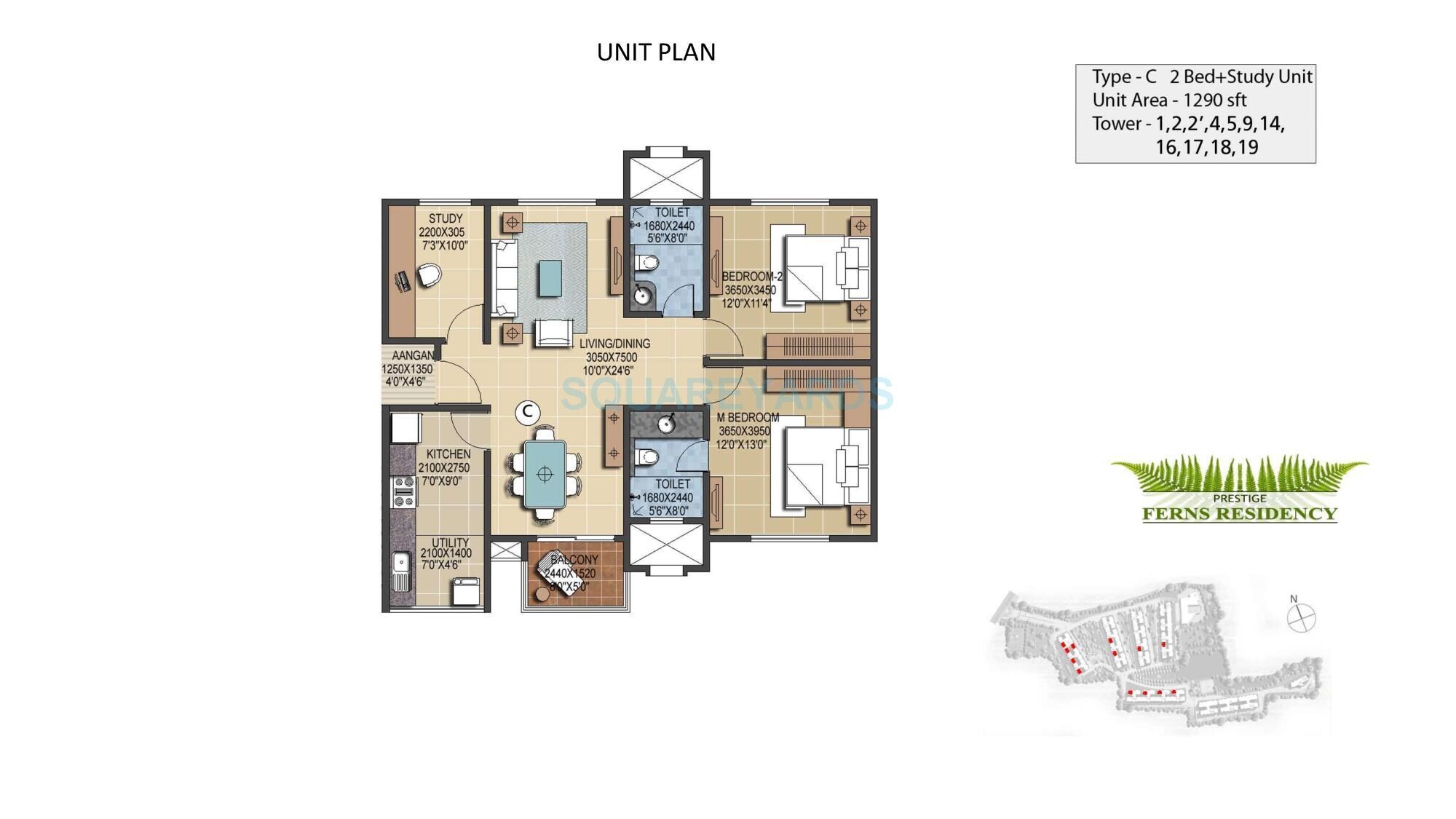 Floor plan of 2 BHK 1290 Sq. Ft. Apartment in Prestige Ferns Residency, Bangalore