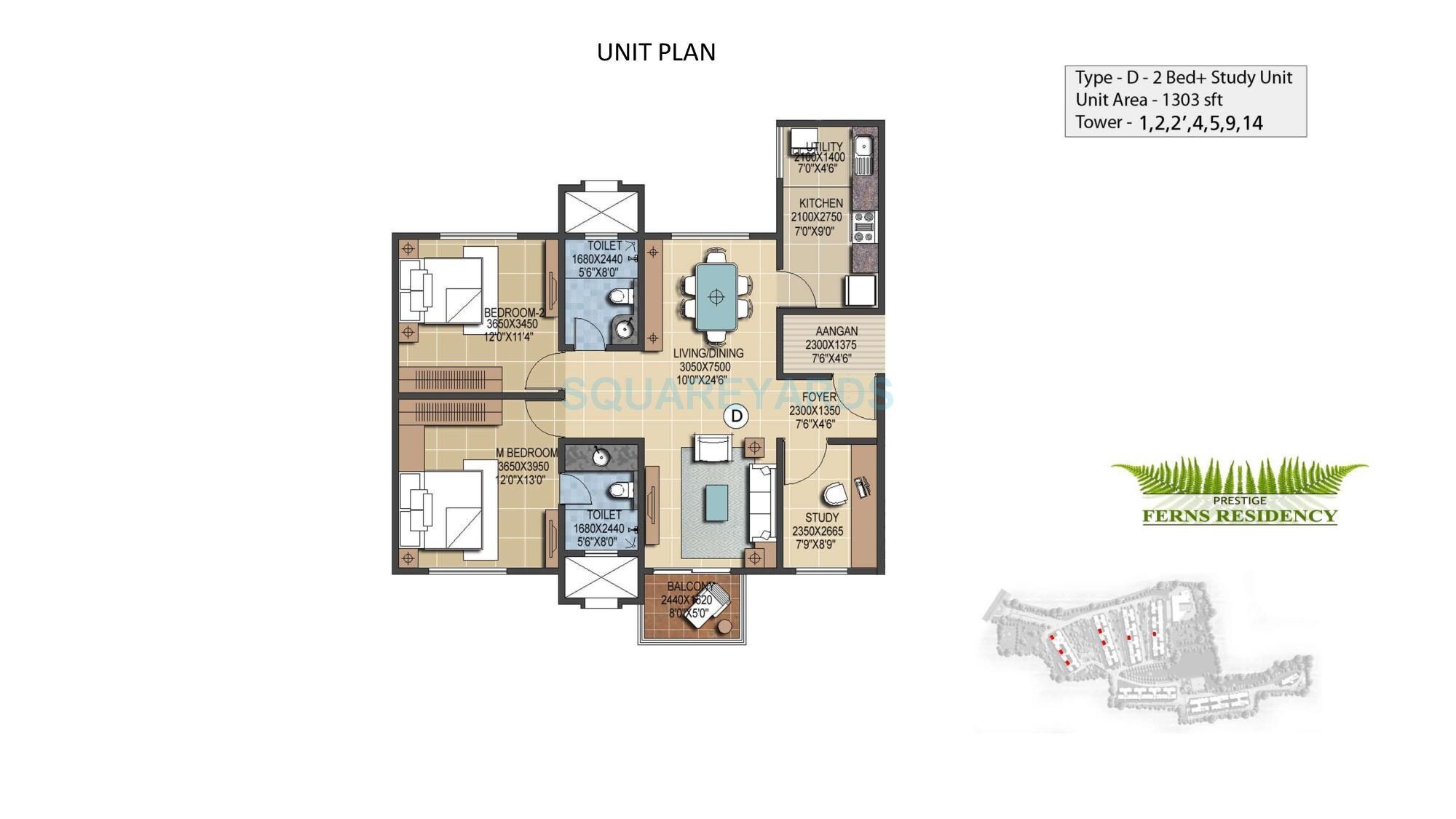 Floor plan of 2 BHK 1303 Sq. Ft. Apartment in Prestige Ferns Residency, Bangalore