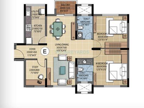 Floor plan of 2 BHK 1348 Sq. Ft. Apartment in Prestige Ferns Residency, Bangalore