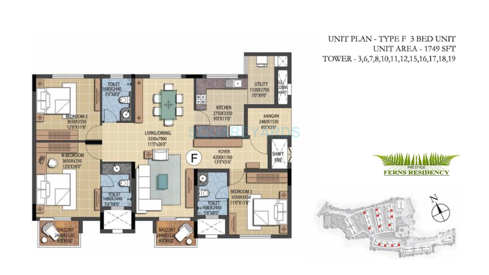 Floor plan of 3 BHK 1749 Sq. Ft. Apartment in Prestige Ferns Residency, Bangalore