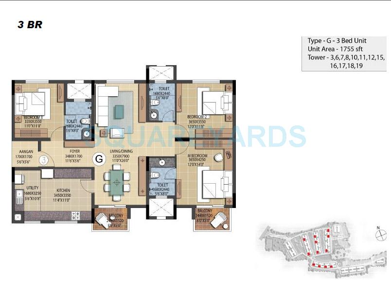 Floor plan of 3 BHK 1755 Sq. Ft. Apartment in Prestige Ferns Residency, Bangalore