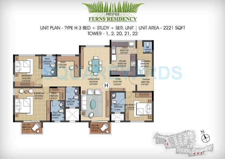 Floor plan of 3 BHK 2221 Sq. Ft. Apartment in Prestige Ferns Residency, Bangalore