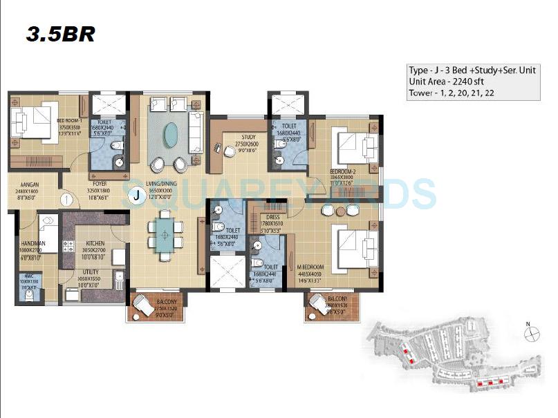 Floor plan of 3 BHK 2240 Sq. Ft. Apartment in Prestige Ferns Residency, Bangalore