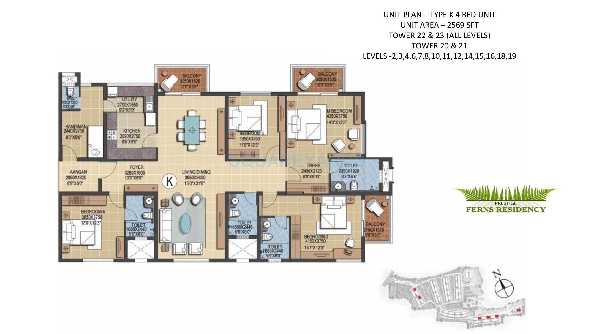 Floor plan of 4 BHK 2569 Sq. Ft. Apartment in Prestige Ferns Residency, Bangalore