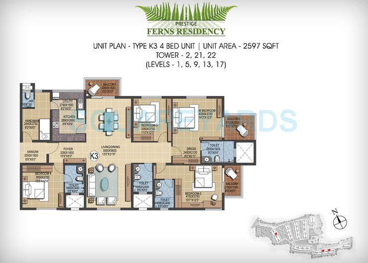 Floor plan of 4 BHK 2597 Sq. Ft. Apartment in Prestige Ferns Residency, Bangalore