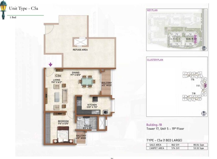 Floor plan of 1 BHK 862 Sq. Ft. Apartment in Prestige Finsbury Park Hyde, Bangalore