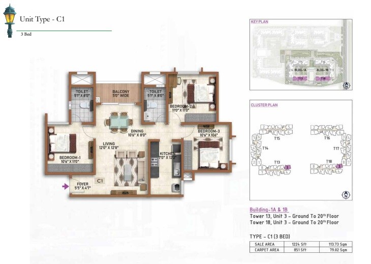 Floor plan of 3 BHK 1224 Sq. Ft. Apartment in Prestige Finsbury Park Hyde, Bangalore