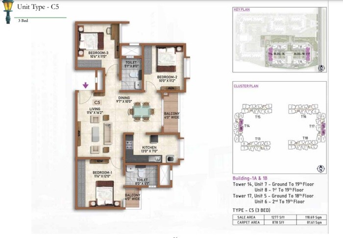 Floor plan of 3 BHK 1277 Sq. Ft. Apartment in Prestige Finsbury Park Hyde, Bangalore