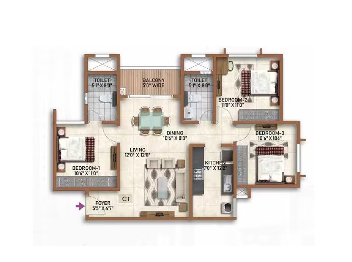 Floor plan of 3 BHK 1224 Sq. Ft. Apartment in Prestige Finsbury Park Regent, Bangalore