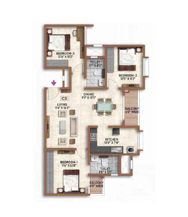 Floor plan of 3 BHK 1277 Sq. Ft. Apartment in Prestige Finsbury Park Regent, Bangalore