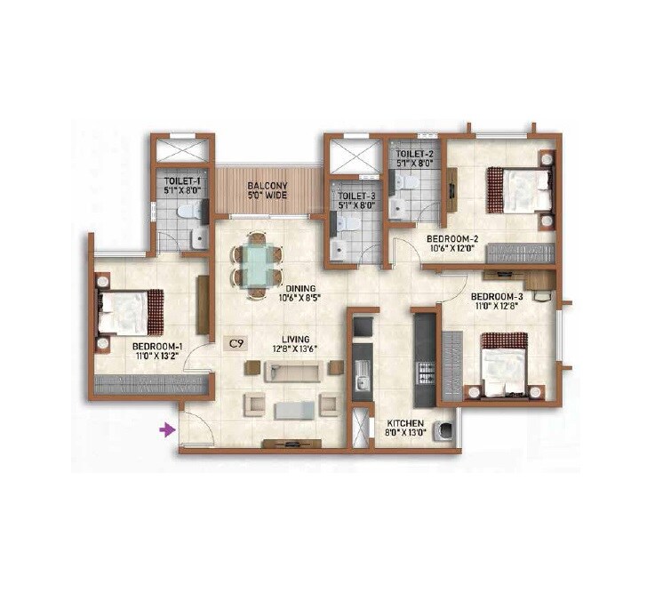 Floor plan of 3 BHK 1445 Sq. Ft. Apartment in Prestige Finsbury Park Regent, Bangalore