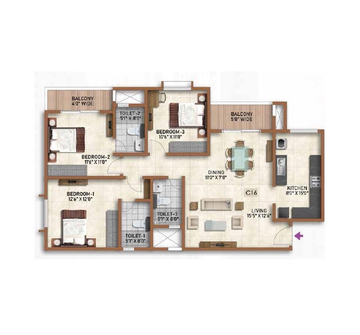 Floor plan of 3 BHK 1562 Sq. Ft. Apartment in Prestige Finsbury Park Regent, Bangalore