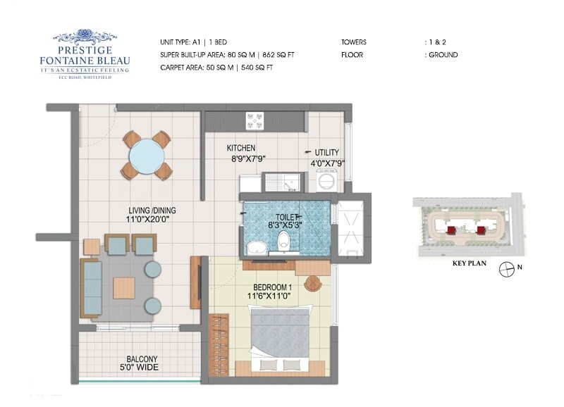 Floor plan of 1 BHK 862 Sq. Ft. Apartment in Prestige Fontaine Bleau, Bangalore
