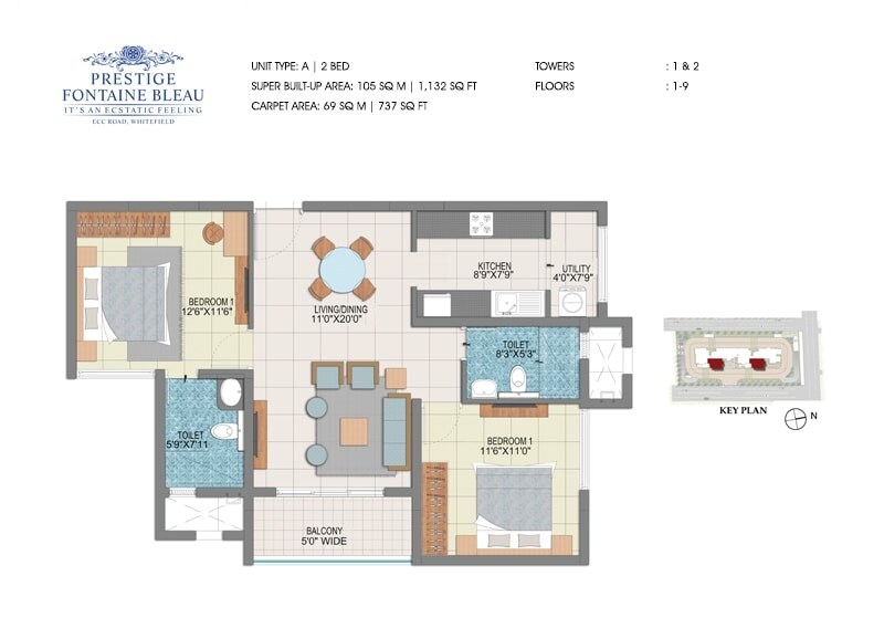 Floor plan of 2 BHK 1132 Sq. Ft. Apartment in Prestige Fontaine Bleau, Bangalore