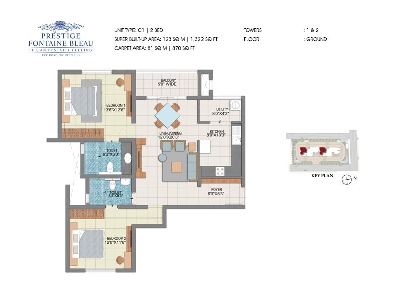 Floor plan of 2 BHK 1322 Sq. Ft. Apartment in Prestige Fontaine Bleau, Bangalore