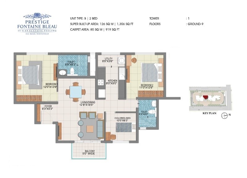 Floor plan of 3 BHK 1356 Sq. Ft. Apartment in Prestige Fontaine Bleau, Bangalore