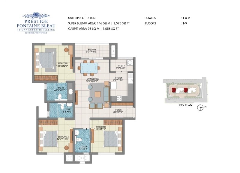 Floor plan of 3 BHK 1575 Sq. Ft. Apartment in Prestige Fontaine Bleau, Bangalore