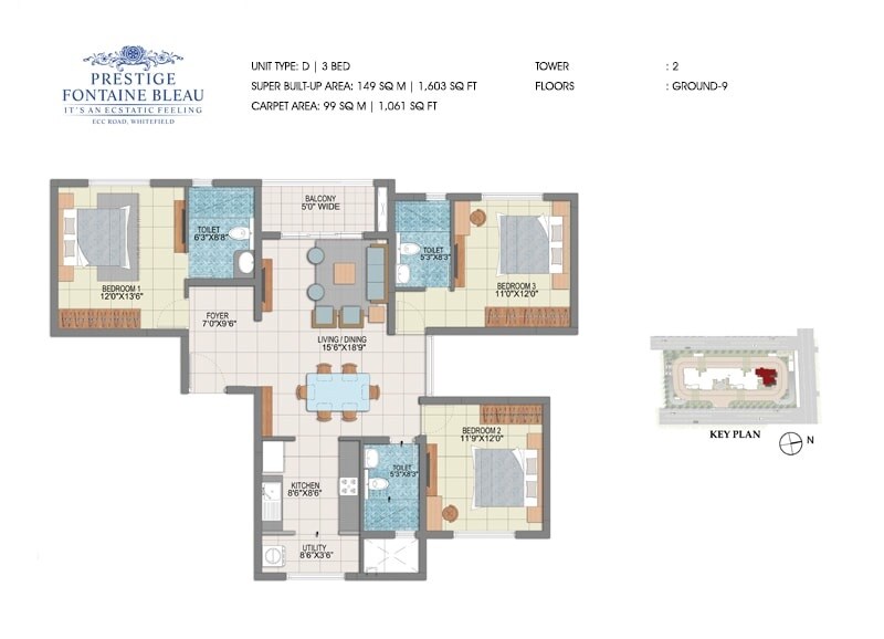 Floor plan of 3 BHK 1603 Sq. Ft. Apartment in Prestige Fontaine Bleau, Bangalore